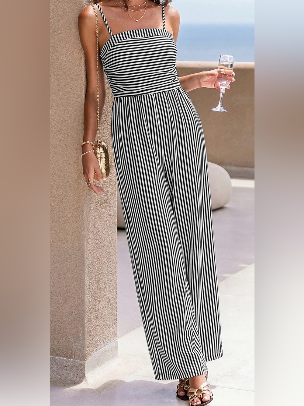 Cupshe Black & White Vertical Stripe Wide-Leg Jumpsuit